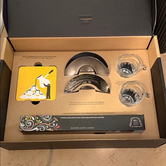 Nespresso Other - Nespresso Capsule with Glass espresso Cups, saucers, coasters, and sleeve coffee